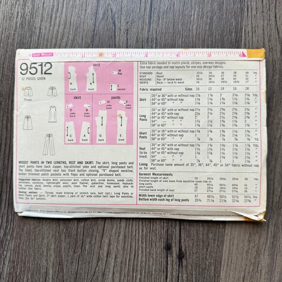 UNCUT Vintage 1970s Simplicity 9512 Sewing Pattern Womens Sz Sm Pant Vest Skirt - Picture 2 of 2